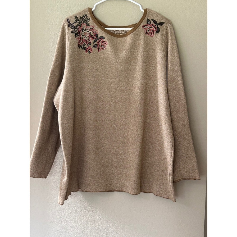QVC Floral Embroidered Knit Long Sleeve Top Tan Pink Brown A309547 Women XL